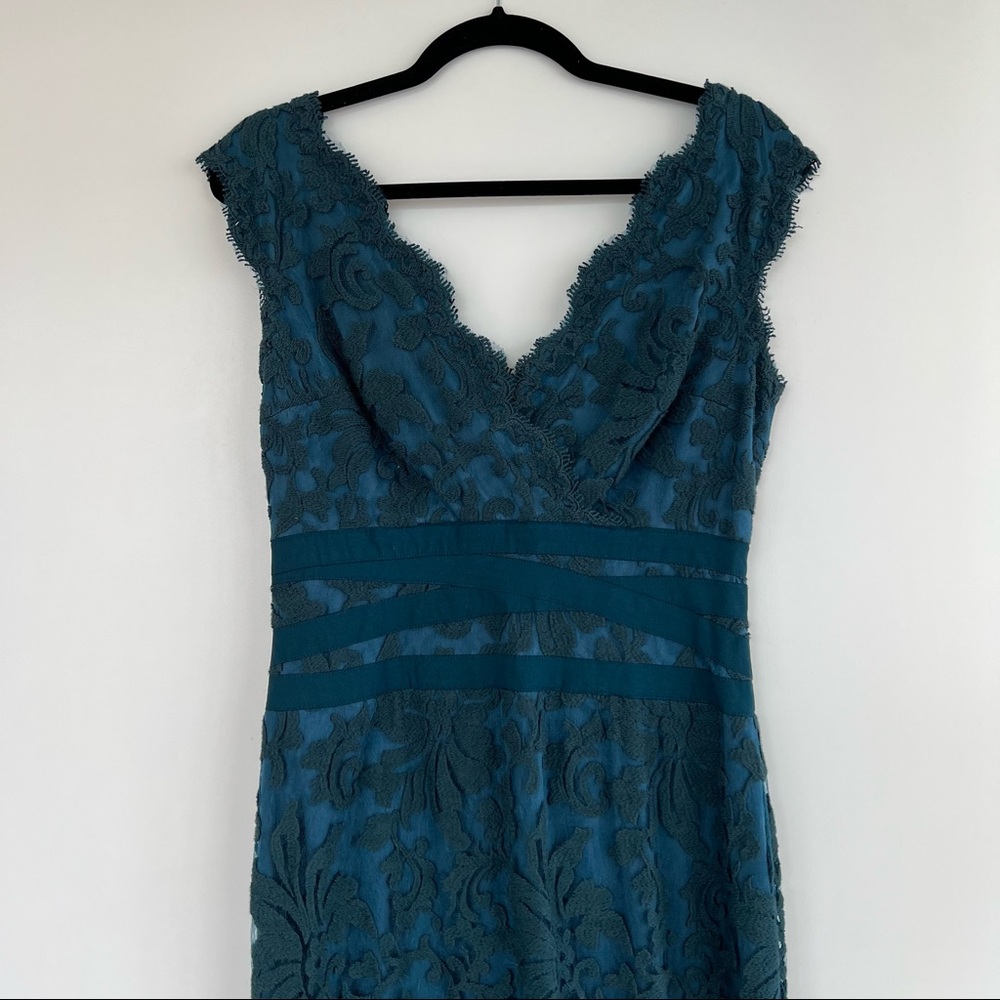 Tadashi Shoji Petit Embroidered Lace V-Neck Dress with Ribbon Detail in Teal.